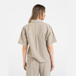 BEŻOWA koszula DAMSKA z LNU i WISKOZY, ELEGANCKA, KOŁNIERZ MORAJ